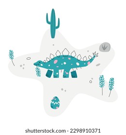 Flat hand drawn vector scene with dinosaur egg footstep rock flower and cactus