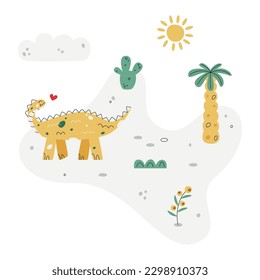 Flat hand drawn vector scene with dinosaur palm cactus grass flower cloud and sun