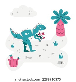 Flat hand drawn vector scene with dinosaur palm cactus grass bone and cloud