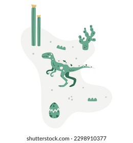 Flat hand drawn vector scene with dinosaur cactus palm and egg
