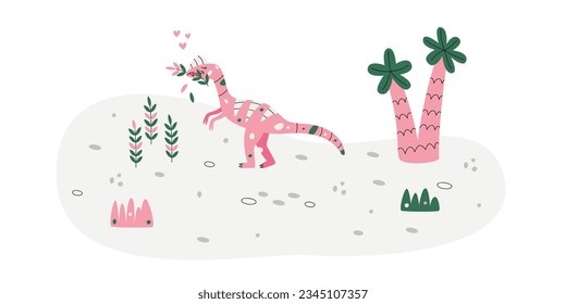 Flat hand drawn vector scene with dinosaur palm flowers and grass