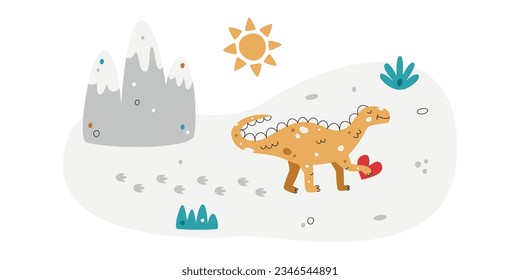 Flat hand drawn vector scene with dinosaur grass sun and mountains