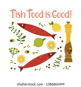 Flat hand drawn vector seafood icon collection. Fresh fish food, pepper salt design element. Sea food, lemon retro style isolated Scandinavian cartoon illustration. Concept idea fishes restaurant menu
