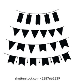 Flat hand drawn vector silhouette illustration of eco friendly home decorations such as garland, bunting and mini pinatas