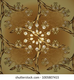 Flat hand drawn vintage collection. Backdrop, fabric, gold wallpaper. Golden pattern on yellow colors with golden elements. Vector golden round ormanental pattern.