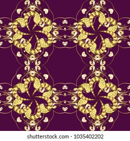 Flat hand drawn vintage collection. Backdrop, fabric, gold wallpaper. Golden pattern on purple, yellow and brown colors with golden elements. Vector golden seamless pattern.