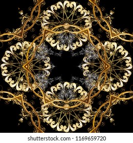 Flat hand drawn vintage collection. Backdrop, fabric, gold wallpaper. Golden pattern on black, brown and beige colors with golden elements. Vector golden seamless pattern.