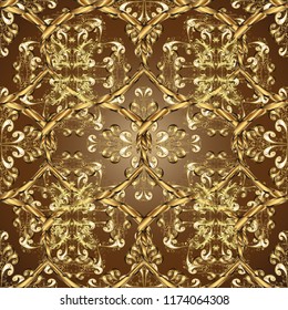 Flat hand drawn vintage collection. Backdrop, fabric, gold wallpaper. Golden pattern on brown, beige and yellow colors with golden elements. Vector golden ornamental pattern.