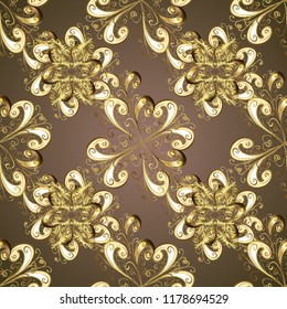 Flat hand drawn vintage collection. Vector golden seamless pattern. Golden pattern on brown, beige and yellow colors with golden elements. Backdrop, fabric, gold wallpaper.