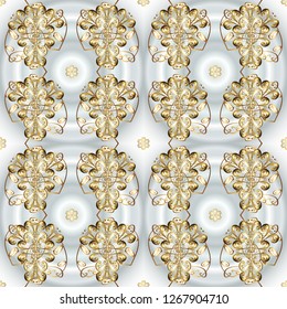 Flat hand drawn vintage collection. Golden pattern on gray and neutral colors with golden elements. Backdrop, fabric, gold wallpaper. Vector golden seamless pattern.