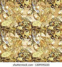 Flat hand drawn vintage collection. Backdrop, fabric, gold wallpaper. Vector golden seamless pattern. Golden pattern on beige and yellow colors with golden elements.