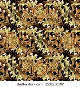 Flat hand drawn vintage collection. Golden pattern on brown and black colors with golden elements. Vector golden seamless pattern. Backdrop, fabric, gold wallpaper.