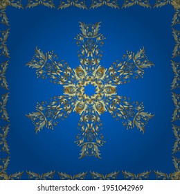 Flat hand drawn vintage collection. Golden pattern on neutral, blue and yellow colors with golden elements. Vector golden seamless pattern. Backdrop, fabric, gold wallpaper.