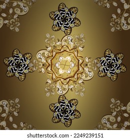 Flat hand drawn vintage collection. Golden pattern on beige, brown and yellow colors with golden elements. Vector golden seamless pattern. Backdrop, fabric, gold wallpaper.