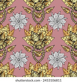 Colección vintage dibujada a mano plana. Telón de fondo, tela, Fondo de pantalla dorado. Patrón dorado en colores con Elementos dorados. Patrón sin costuras dorado de Vector.