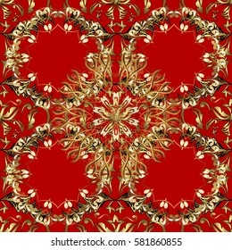 Flat hand drawn vintage collection. Vector golden seamless pattern. Backdrop, fabric, gold wallpaper. Golden pattern on red background with golden elements.