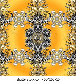 Flat hand drawn vintage collection. Golden pattern on yellow background with golden elements. Vector golden. Backdrop, fabric, gold wallpaper.