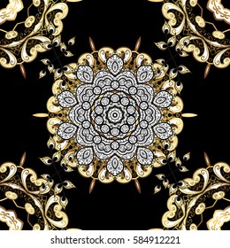 Flat hand drawn vintage collection. Backdrop, fabric, gold wallpaper. Golden pattern on black background with golden elements. Vector golden seamless pattern.