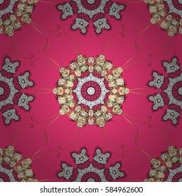 Flat hand drawn vintage collection. Backdrop, fabric, gold wallpaper. Golden pattern on pink background with golden elements. Vector golden seamless pattern.