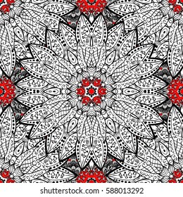 Flat hand drawn vintage collection. Backdrop, fabric, white wallpaper. Golden pattern on red background with white elements. Vector white seamless pattern.