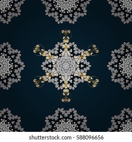Flat hand drawn vintage collection. Backdrop, fabric, gold wallpaper. Golden pattern on blue background with golden elements. Vector golden seamless pattern.