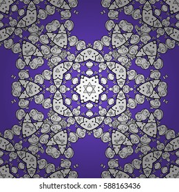 Flat hand drawn vintage collection. Backdrop, fabric, white wallpaper. Golden pattern on violet background with white elements. Vector white seamless pattern.