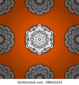 Flat hand drawn vintage collection. Backdrop, fabric, white wallpaper. Golden pattern on orange background with white elements. Vector white seamless pattern.