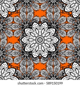 Flat hand drawn vintage collection. Backdrop, fabric, white wallpaper. Golden pattern on orange background with white elements. Vector white seamless pattern.