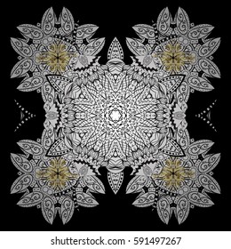Flat hand drawn vintage collection. Backdrop, fabric, gold wallpaper. Golden pattern on black background with golden elements. Vector golden.