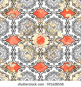 Flat hand drawn vintage collection. Golden pattern on background with golden elements. Vector golden seamless pattern. Backdrop, fabric, gold wallpaper.