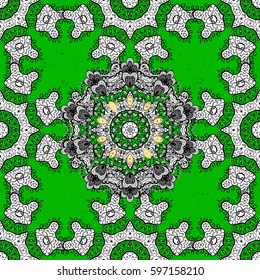 Flat hand drawn vintage collection. Vector golden pattern. Backdrop, fabric, gold wallpaper. Golden pattern on green background with golden elements.