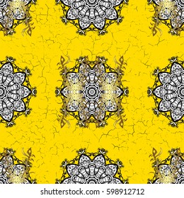 Flat hand drawn vintage collection. Backdrop, fabric, gold wallpaper. Golden pattern on yellow background with golden elements. Vector golden pattern.