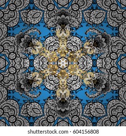 Flat hand drawn vintage collection. Backdrop, fabric, gold wallpaper. Golden pattern on blue background with golden elements. Vector golden seamless pattern.