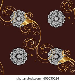 Flat hand drawn vintage collection. Vector golden seamless pattern. Backdrop, fabric, gold wallpaper. Golden pattern on brown background with golden elements.