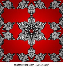 Flat hand drawn vintage collection. Backdrop, fabric, white wallpaper. Golden pattern on red background with white elements. Vector white seamless pattern.