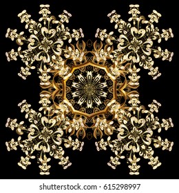 Flat hand drawn vintage collection. Backdrop, fabric, golden wallpaper. Pattern on golden background with golden elements. Vector.