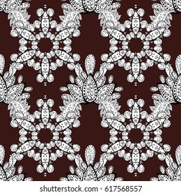 Flat hand drawn vintage collection. Backdrop, fabric, white wallpaper. Pattern on brown background with white elements. Vector white seamless pattern.