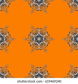 Flat hand drawn vintage collection. Vector seamless pattern. Backdrop, fabric, white wallpaper. White pattern on orange background with white elements.