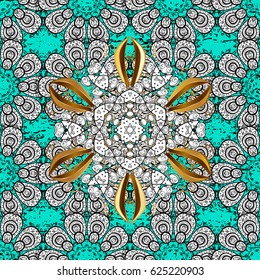 Flat hand drawn vintage collection. Backdrop, fabric, gold wallpaper. Golden pattern on blue background with golden elements. Vector golden pattern.