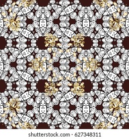 Flat hand drawn vintage collection. Vector golden seamless pattern. Backdrop, fabric, gold wallpaper. Golden pattern on brown background with golden elements.