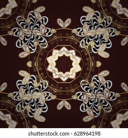 Flat hand drawn vintage collection. Backdrop, fabric, gold wallpaper. Golden pattern on brown background with golden elements. Vector golden seamless pattern.
