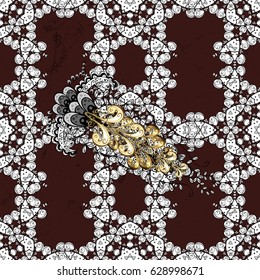 Flat hand drawn vintage collection. Backdrop, fabric, gold wallpaper. Golden pattern on brown background with golden elements. Vector golden pattern.