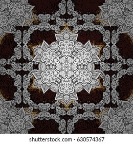 Flat hand drawn vintage collection. Golden pattern on brown background with golden elements. Vector golden seamless pattern. Backdrop, fabric, gold wallpaper.
