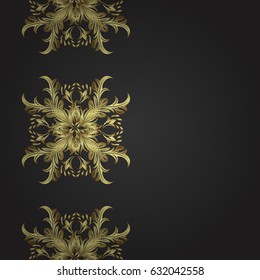 Flat hand drawn vintage collection. Vector golden seamless pattern. Backdrop, fabric, golden wallpaper. Vintage pattern on black background with golden elements.