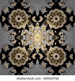 Flat hand drawn vintage collection. Golden pattern on dark background with golden elements. Vector golden. Backdrop, fabric, gold wallpaper.