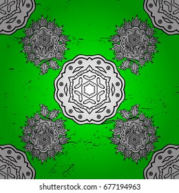 Flat hand drawn vintage collection. Vector pattern. Backdrop, fabric, white wallpaper. Pattern on green and white background with white elements.