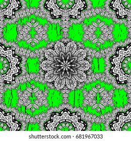 Flat hand drawn vintage collection. Pattern on green and white background with white elements. Vector pattern. Backdrop, fabric, white wallpaper.