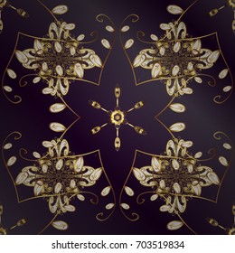 Flat hand drawn vintage collection. Backdrop, fabric, gold wallpaper. Golden pattern on lilac and purple background with golden elements. Vector golden seamless pattern.