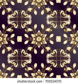 Flat hand drawn vintage collection. Vector golden seamless pattern. Backdrop, fabric, gold wallpaper. Golden pattern on lilac and purple background with golden elements.