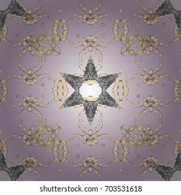 Flat hand drawn vintage collection. Backdrop, fabric, gold wallpaper. Golden pattern on gray and pink background with golden elements. Vector golden seamless pattern.